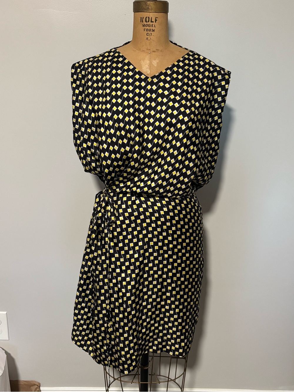 Diane von Furstenberg Silk Geometric Diamond Midi Dress with Tie Waist